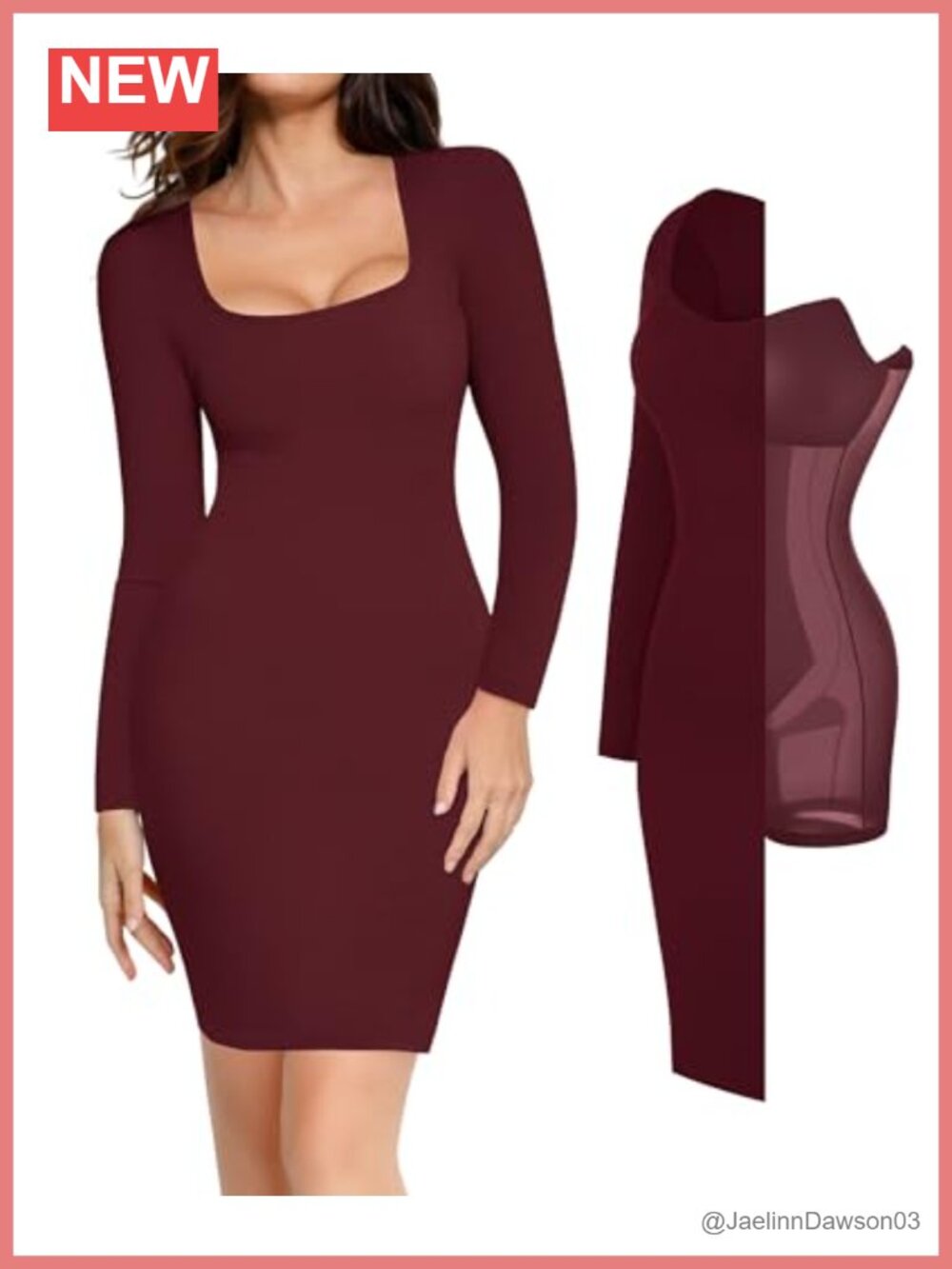 Long Sleeve Midi Dress Built-in Bra Shapewear Square Neck Bodycon